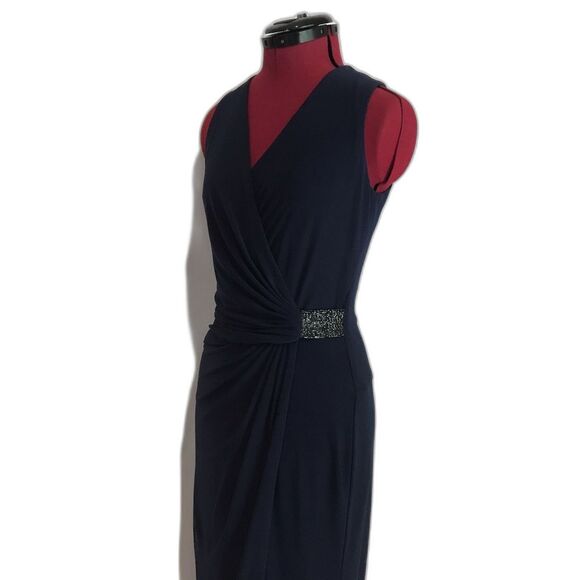 Lauren Ralph Lauren Jersey Gown Size 4 Navy Blue Rhinestone Embellishment V-Neck - Picture 8 of 16